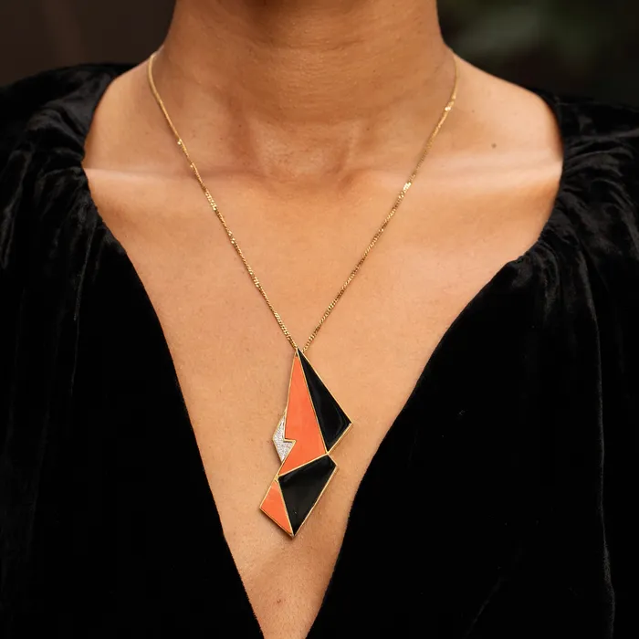 Necklaces Modernist Coral Onyx Diamond and 14K Gold Large Pendant Vintage
