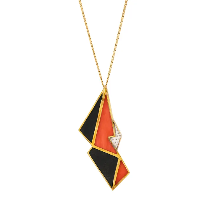 Necklaces Modernist Coral Onyx Diamond and 14K Gold Large Pendant Vintage