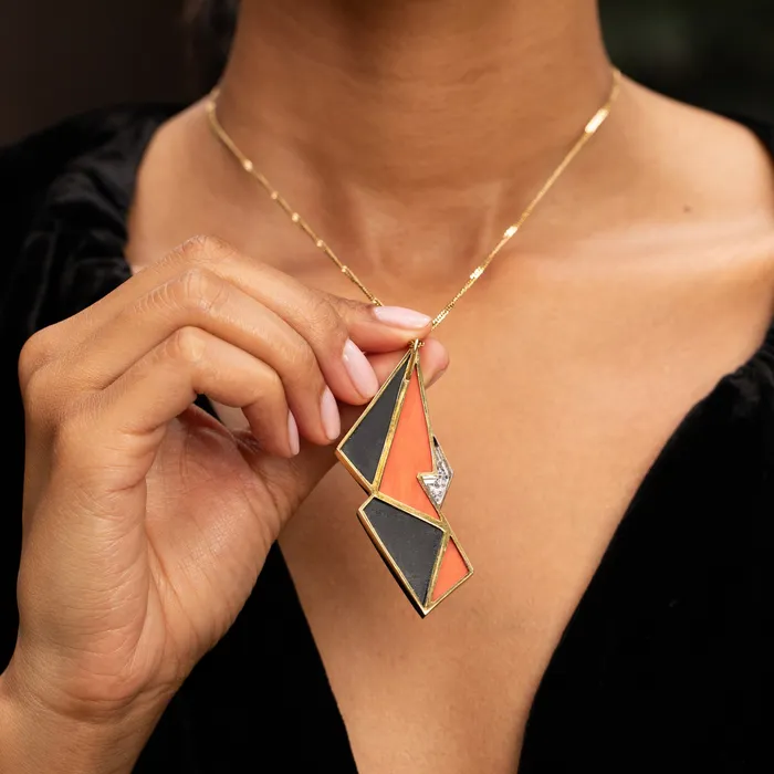 Necklaces Modernist Coral Onyx Diamond and 14K Gold Large Pendant Vintage