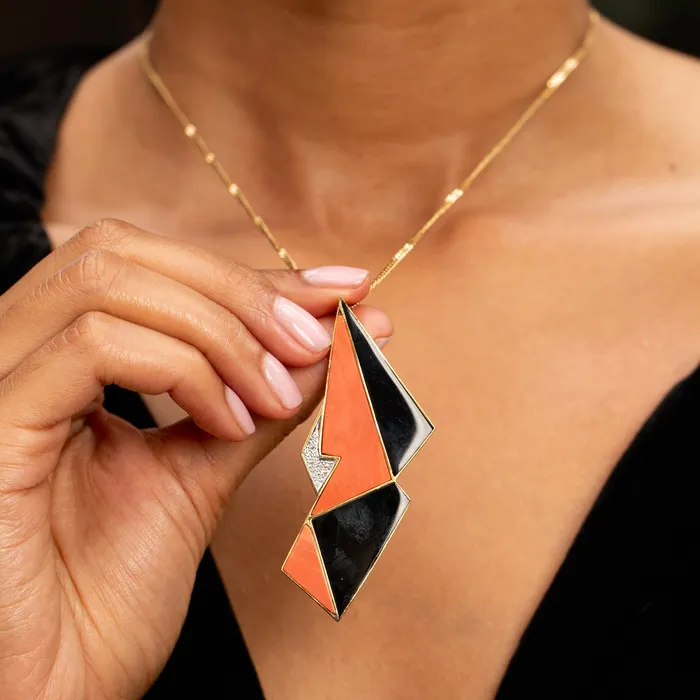 Necklaces Modernist Coral Onyx Diamond and 14K Gold Large Pendant Vintage