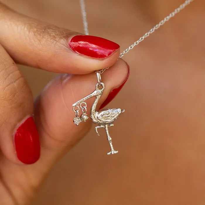 Necklaces The FB White Gold Birthstone Stork Necklace Fox Bond Originals