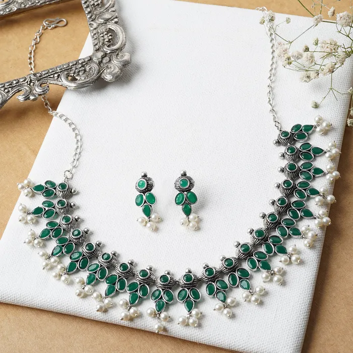 Nishan Silver Oxidised Green Stone and Pearl Necklace Set Teejh Necklaces