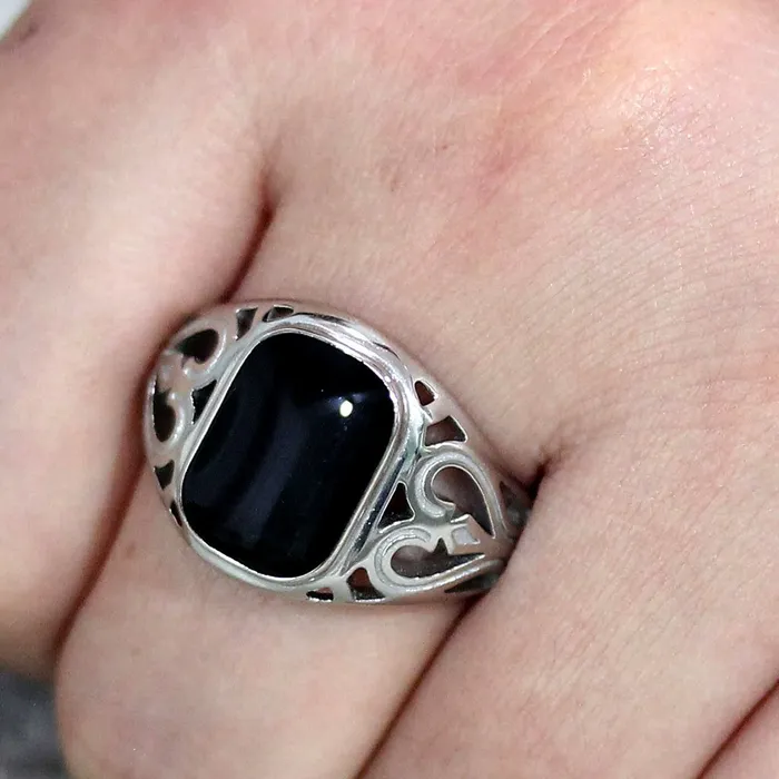 Rings CJ3753 Wholesale Mens Stainless Steel Epoxy Jet Black Heart Filigree Ring Green Rings CJ3753 Wholesale Mens Stainless Steel Epoxy Jet Black Heart Filigree Ring Green