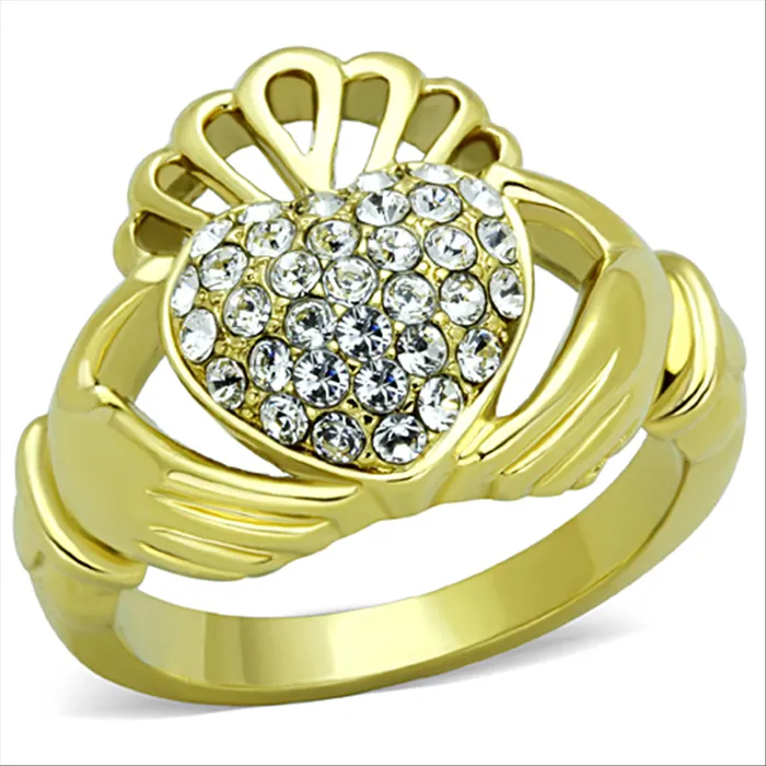 Rings CJG2631 Gold Lust Pave Crystal Claddagh Ring Green