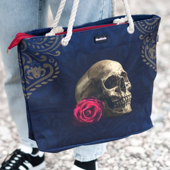 Rings Skullistic Rose Skull Navy Shoulder Beach Bag