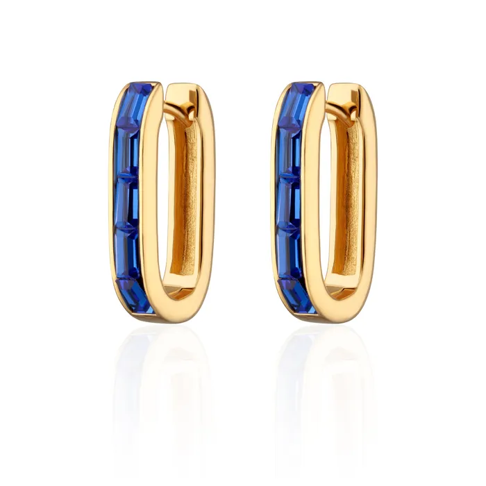 Scream Pretty Earrings Gold Oval Baguette Hoop Earrings with Blue Stones