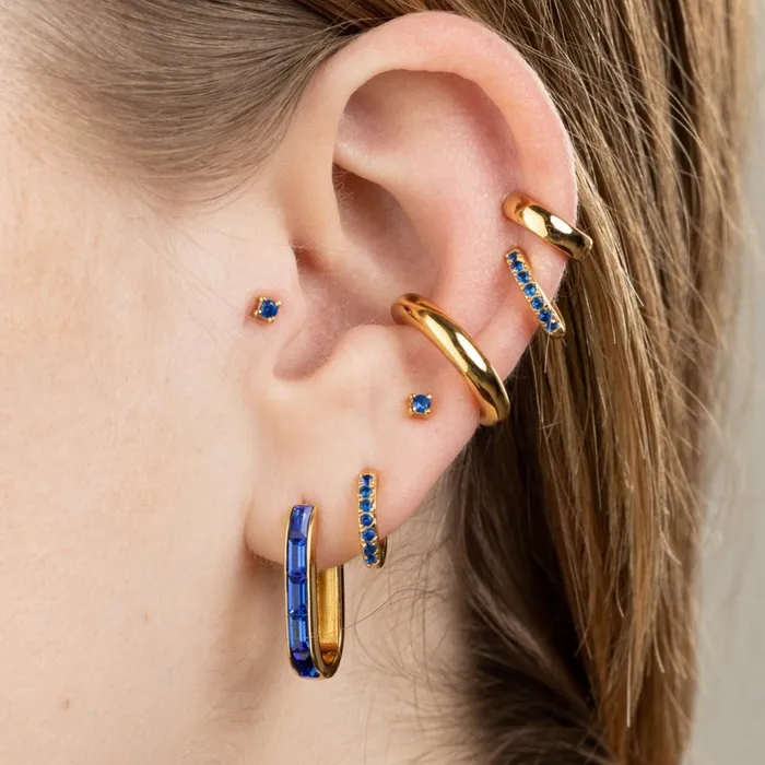 Scream Pretty Earrings Gold Oval Baguette Hoop Earrings with Blue Stones Scream Pretty Earrings Gold Oval Baguette Hoop Earrings with Blue Stones