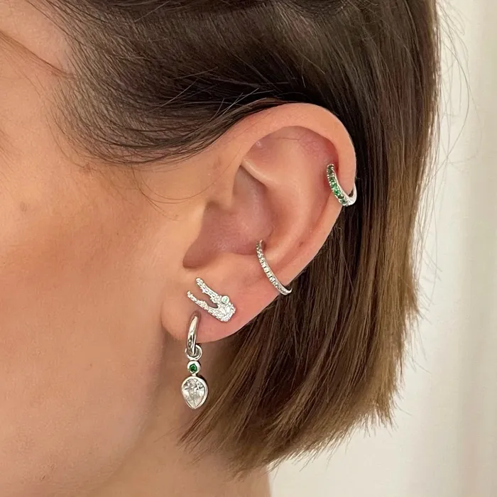 Scream Pretty Earrings Huggie Earrings with Green Stones Scream Pretty Earrings Huggie Earrings with Green Stones