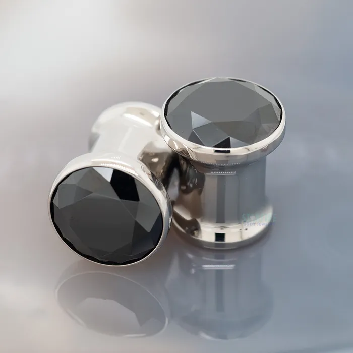 Single Gem BIG BLING Plugs Eyelets with BrilliantCut Gem Black Anatometal Rings