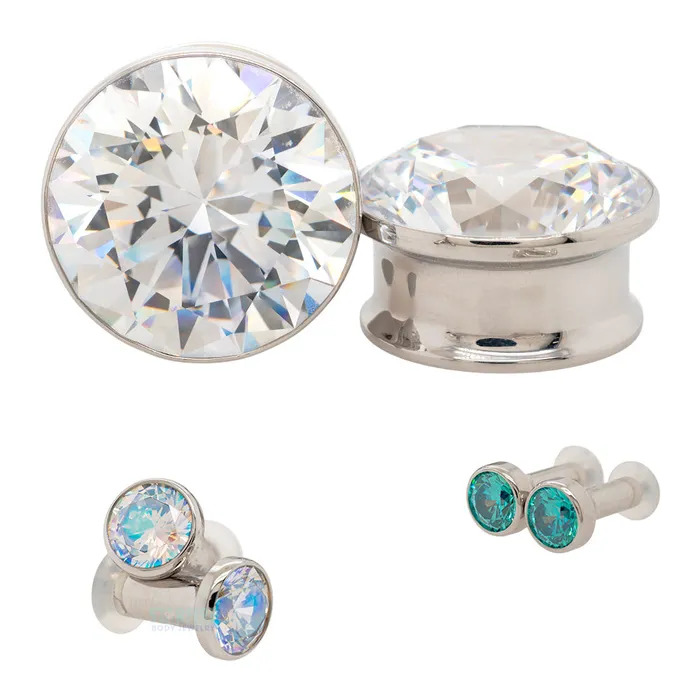 Single Gem BIG BLING Plugs Eyelets with BrilliantCut Gem Black Anatometal Rings