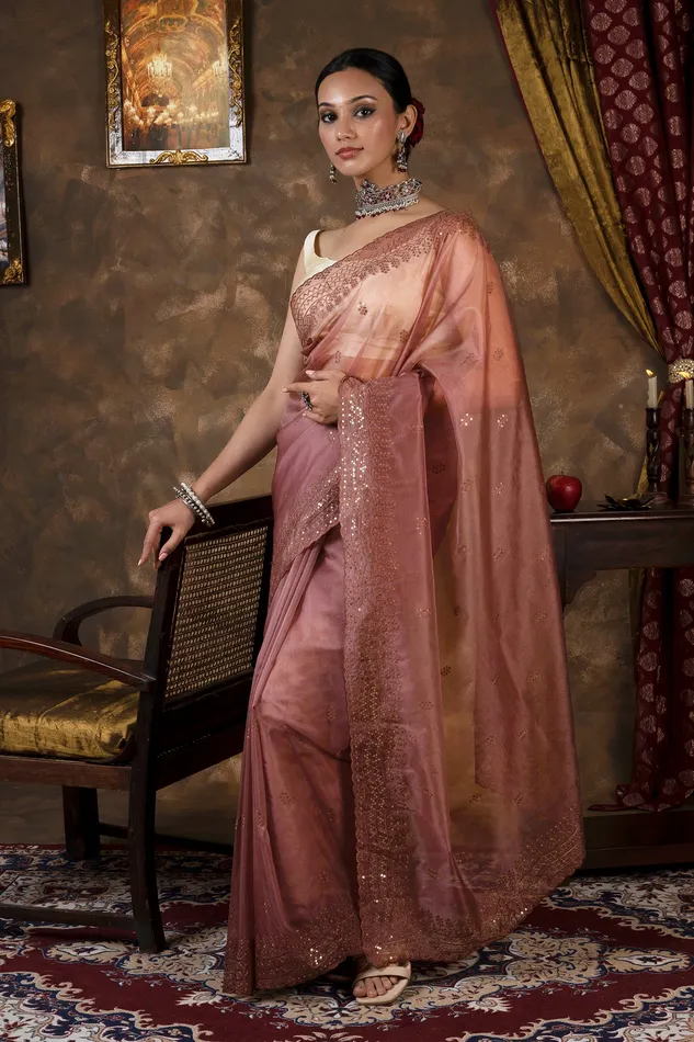 Teejh Chavvi Brown Sequin Embroidery Organza Saree Teejh Earrings