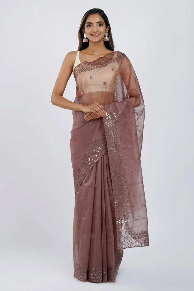 Teejh Chavvi Brown Sequin Embroidery Organza Saree Teejh Earrings Teejh Chavvi Brown Sequin Embroidery Organza Saree Teejh Earrings