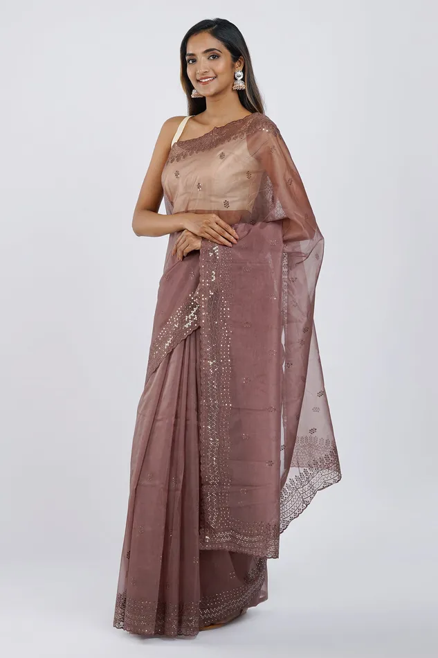 Teejh Chavvi Brown Sequin Embroidery Organza Saree Teejh Earrings Teejh Chavvi Brown Sequin Embroidery Organza Saree Teejh Earrings