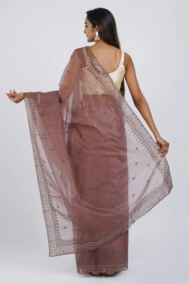 Teejh Chavvi Brown Sequin Embroidery Organza Saree Teejh Earrings Teejh Chavvi Brown Sequin Embroidery Organza Saree Teejh Earrings