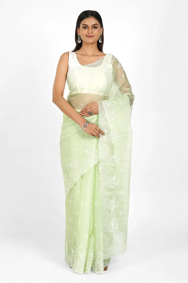 Teejh Earrings Teejh Rabiya Embroidered Organza Saree