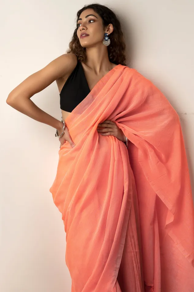 Teejh Orange Peach Mulmul Saree Teejh Earrings