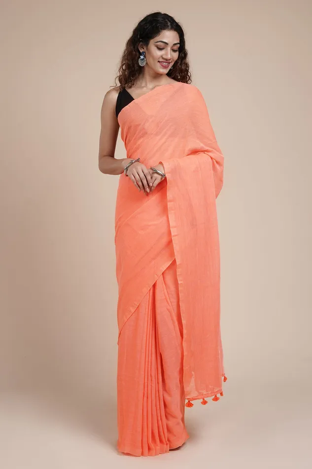 Teejh Orange Peach Mulmul Saree Teejh Earrings