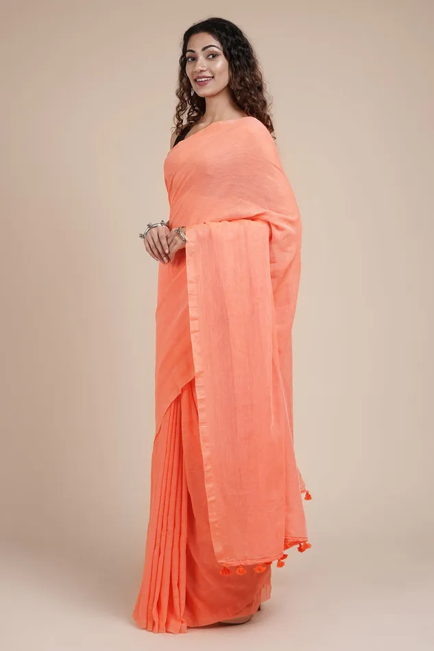 Teejh Orange Peach Mulmul Saree Teejh Earrings