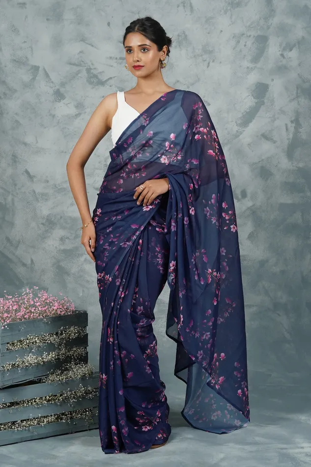 Teejh Starry Night Elegance Digital Print Chiffon Saree Teejh Earrings