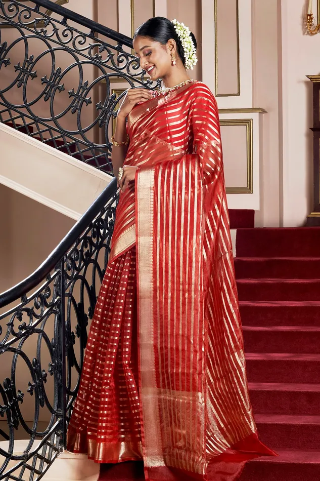 Teejh Teejh Kashi Bright Red Organza Lining Saree Earrings