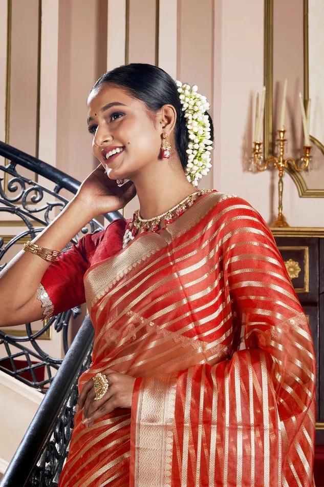 Teejh Teejh Kashi Bright Red Organza Lining Saree Earrings