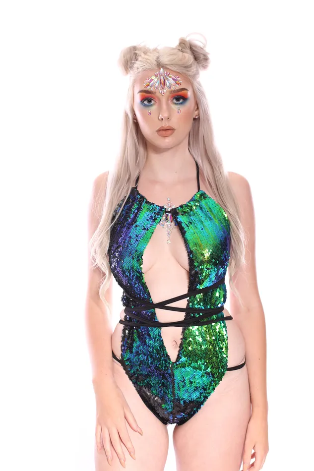 THE LUMi SHOP Peacock Reversible Sequin Bikini Bodysuit Earrings