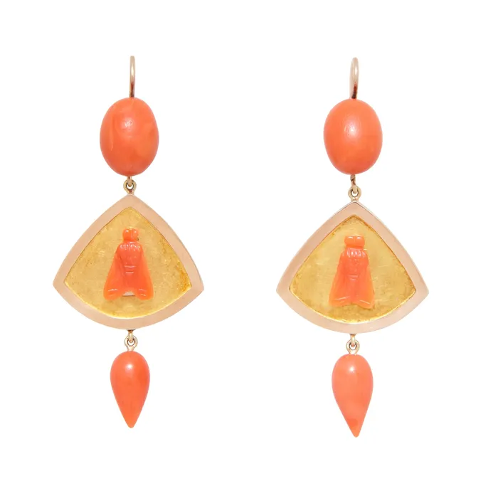 Victorian Coral Fly And 14K Gold Dangle Earrings Antique Earrings