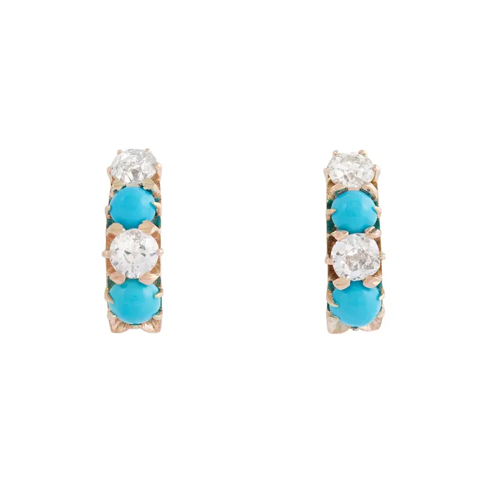 Victorian Old Mine Cut Diamond And Turquoise 14k Gold Earrings Antique Earrings