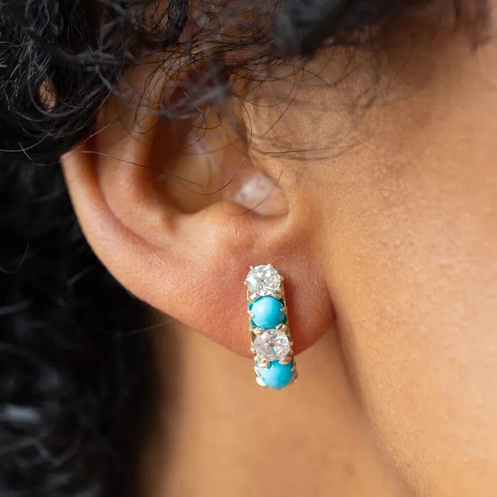 Victorian Old Mine Cut Diamond And Turquoise 14k Gold Earrings Antique Earrings