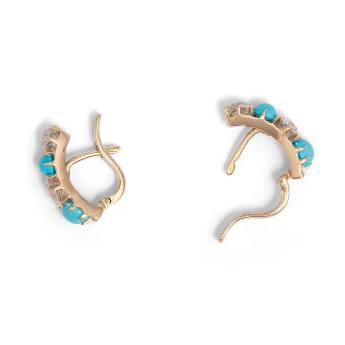 Victorian Old Mine Cut Diamond And Turquoise 14k Gold Earrings Antique Earrings