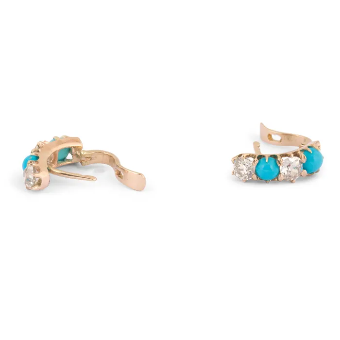Victorian Old Mine Cut Diamond And Turquoise 14k Gold Earrings Antique Earrings