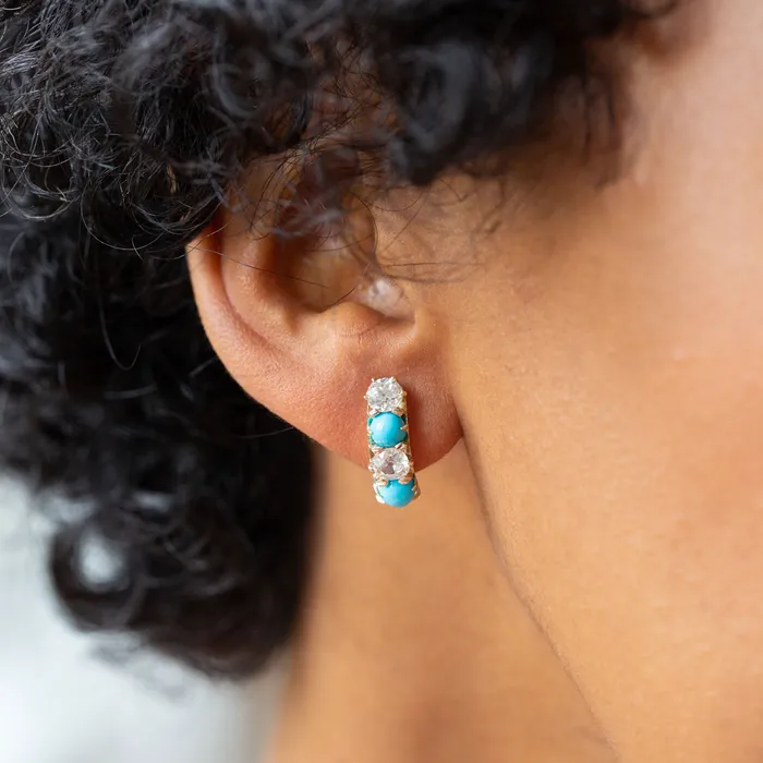 Victorian Old Mine Cut Diamond And Turquoise 14k Gold Earrings Antique Earrings