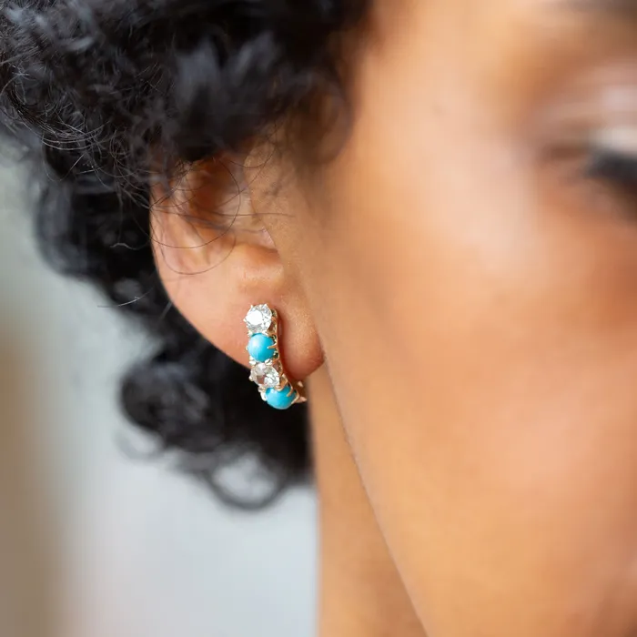 Victorian Old Mine Cut Diamond And Turquoise 14k Gold Earrings Antique Earrings