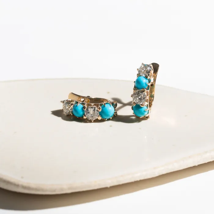 Victorian Old Mine Cut Diamond And Turquoise 14k Gold Earrings Antique Earrings