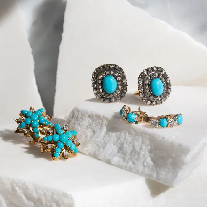 Victorian Old Mine Cut Diamond And Turquoise 14k Gold Earrings Antique Earrings