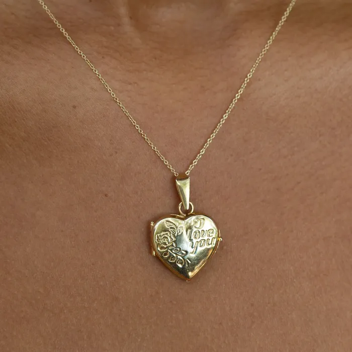 Vintage Necklaces Italian I Love You 14K Gold Heart Locket Necklace