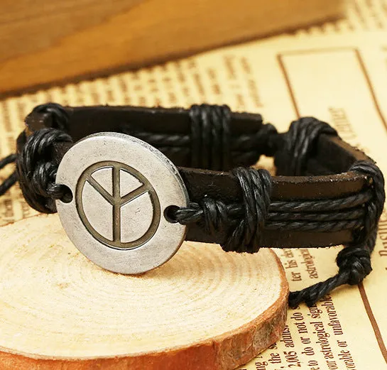 01 Bracelets B560 Silver Peace Sign Black Cord Leather Bracelet