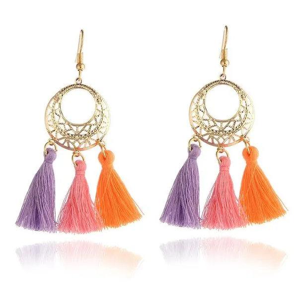 01 Earrings E557 Gold Multi Color Tassel Earrings