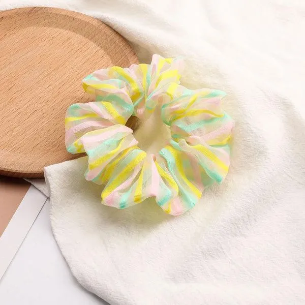 01 H394 Mint Pink Yellow Striped Hair Scrunchie Earrings
