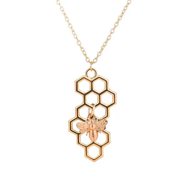 01 N1526 Gold Honeycomb Bee Necklace With FREE Earrings Necklaces