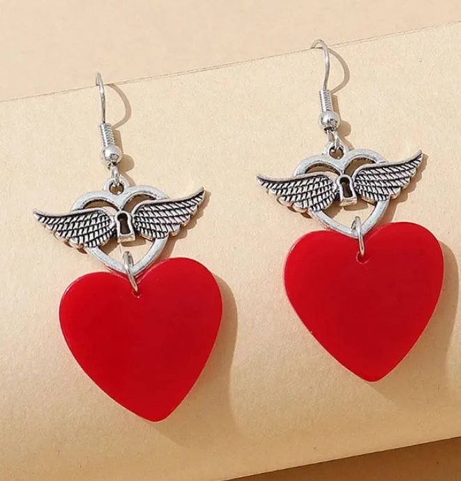 02 E861 Silver Wings Red Acrylic Heart Earrings Earrings