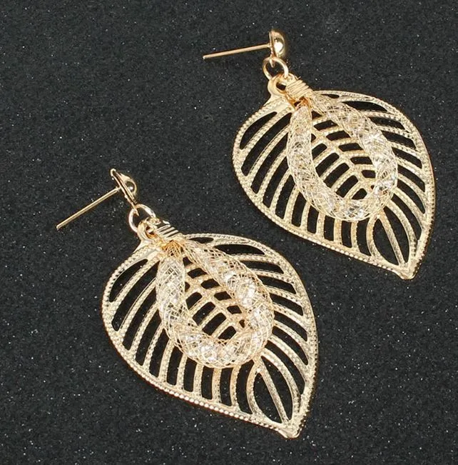 02 Earrings E338 Gold Textured Leaf Gem Filled Mesh Earrings