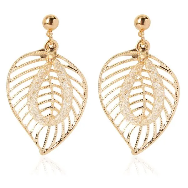 02 Earrings E338 Gold Textured Leaf Gem Filled Mesh Earrings