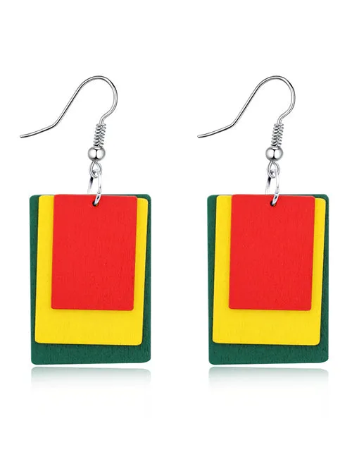02 Earrings E633 Red Yellow Green Wooden Rectangle Earrings