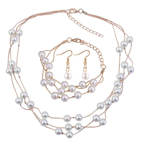 02 Earrings N212 Gold Color Multi Layer Pearl Necklace Set With FREE Earrings FREE Bracelet