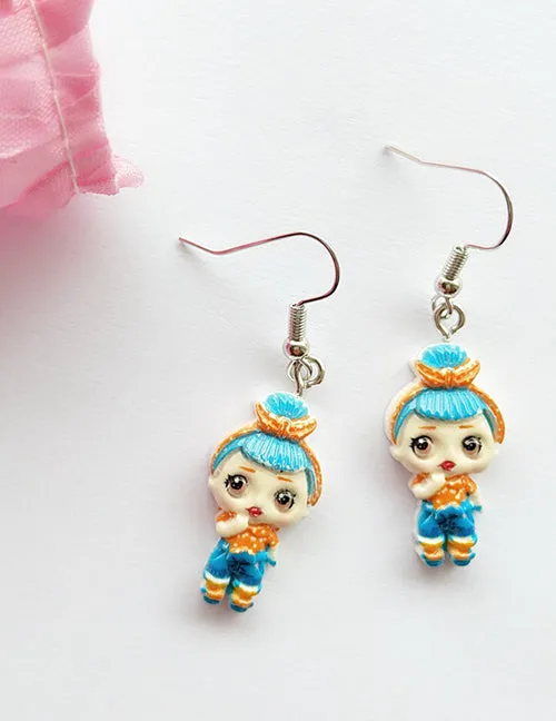 02 L47 Blue Hair Cartoon Girl Dangle Earrings Earrings