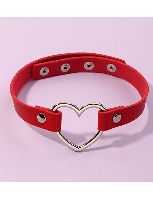 02 Necklaces N1252 Silver Heart Red Leather Choker Necklace FREE Earrings