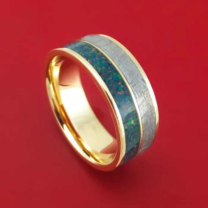 14K Gold and Meteorite Ring with Opal Custom Made Band Lashbrook Rings