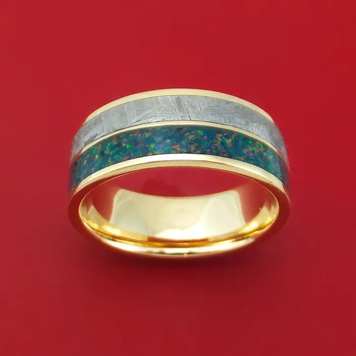 14K Gold and Meteorite Ring with Opal Custom Made Band Lashbrook Rings 14K Gold and Meteorite Ring with Opal Custom Made Band Lashbrook Rings