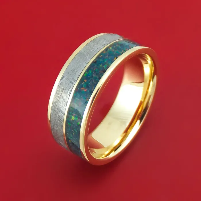 14K Gold and Meteorite Ring with Opal Custom Made Band Lashbrook Rings 14K Gold and Meteorite Ring with Opal Custom Made Band Lashbrook Rings